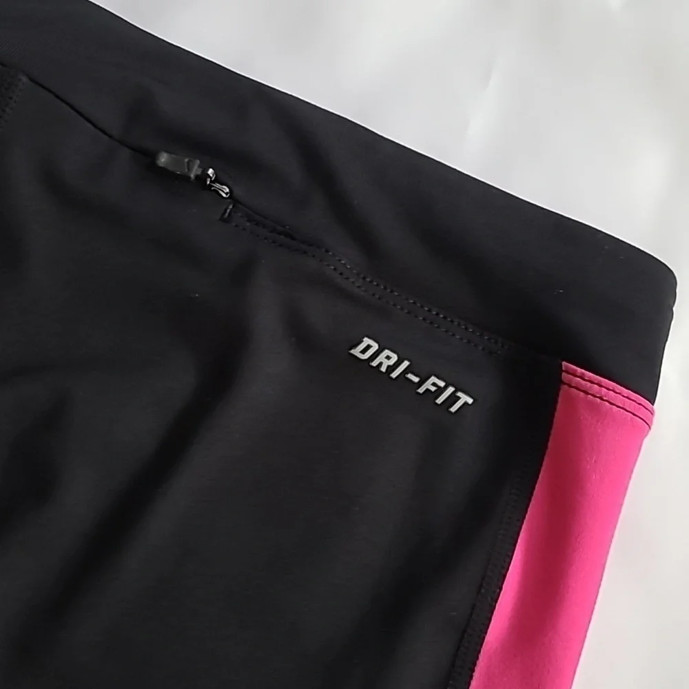 Nike Athletic Cropped Leggings Black Pink Stripe Mid Rise Stretch Medium - Picture 4 of 12